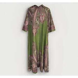 Made In Italy LG/XL Button Midi Cotton Shirt Dress Green Pink Paisley 3/4 Sleeve